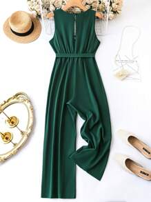 SHEIN Clasi 大尺碼女士無袖連體褲附腰帶 - 綠色 - 查看 2