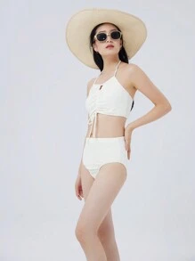 SHEIN Swim 女士白色镂空比基尼套装，配有细肩带和系带，适合夏季海滩 - 米色 - 查看 3