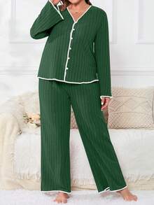 Ultra-soft Texture Plus-size Pajamas Set - Dark Green - View 2