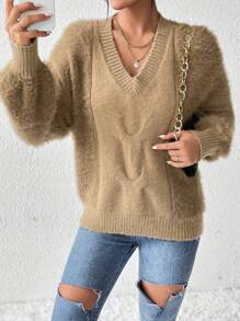Chiquease Women's V-Neck Solid Color Fluffy Drop Shoulder Knit Pullover Fall Winter Sweater - Camel - View 1