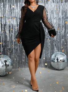 SHEIN Unity 加大號對比網紗荷葉袖不對稱下擺閃爍洋裝 - 黑色 - 查看 4