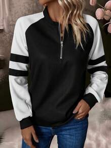 SHEIN LUNE 拼色半拉鍊 立領經編袖套運動衫 - 黑與白 - 查看 5