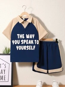 SHEIN Tween Boys' Loose-Fit College Letter Print Turn-Down Collar 2 In 1 T-Shirt And Shorts Set