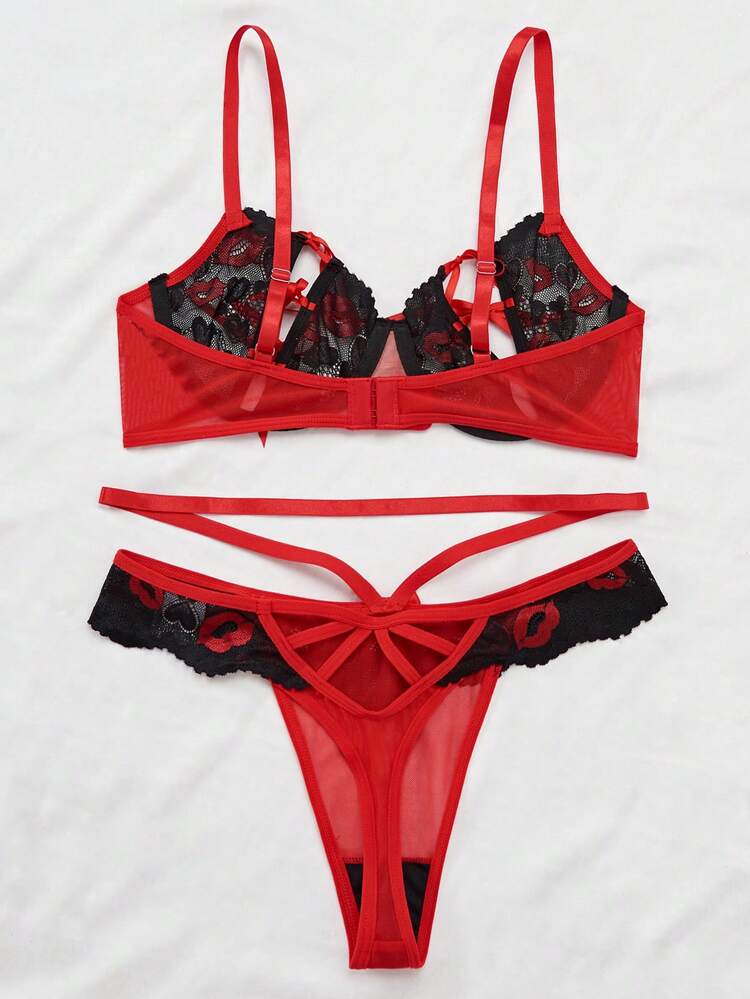 Valentines Women's Sexy Lips Lace Lingerie