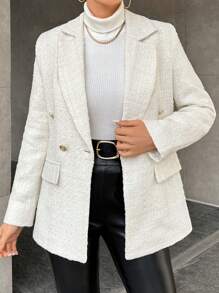 EURMUSE Tweed Double-breasted Fake Pocket Blazer - Apricot - View 5