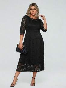 SHEIN Clasi Maxikleid in A-Linie für Damen mit Spitze in Unifarbe, Große Größen