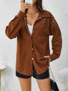 SHEIN LUNE 女式珍珠裝飾胸前口袋鈕扣襯衫 - 棕色 - 查看 3