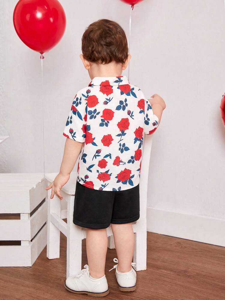 Baby Boys' Casual Rose Pattern Short Sleeve Shirt And Shorts Set