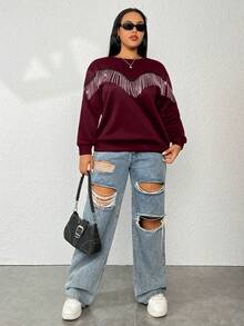 Flirla 女款大尺碼水鑽裝飾流蘇運動衫 - 酒紅色 - 查看 6