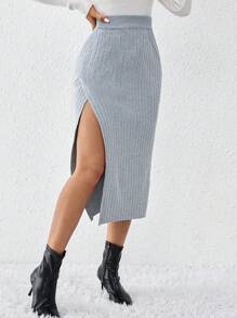 Chiquease Women'S High Slit Ribbed Sweater Pencil Skirt - Grey - View 5