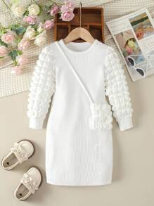 SHEIN 小女孩休閒泡泡袖連衣裙帶手提包 - 白色 - 查看 3