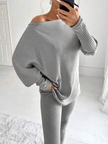 EURMUSE Women's Asymmetrical Shoulder Ribbed Top And Pants Two Pieces Set - Grey - View 6