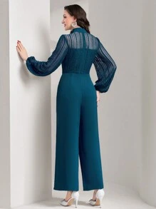 Modelyn Women's Mesh Contrast Half High Neck Lantern Sleeve Wide Leg Jumpsuit (Belt Not Included)