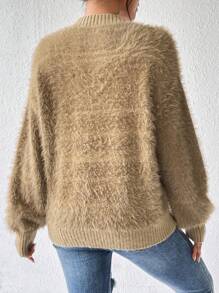 Chiquease Women's V-Neck Solid Color Fluffy Drop Shoulder Knit Pullover Fall Winter Sweater - Camel - View 2