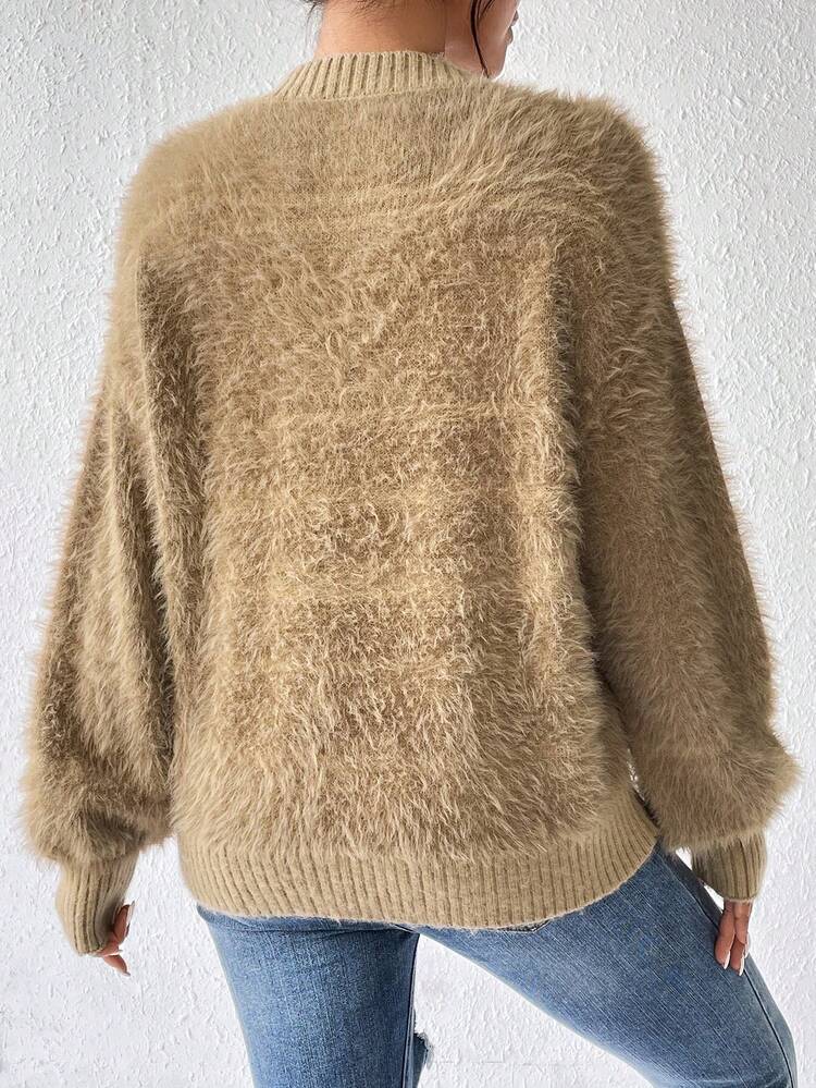 Women's V-Neck Solid Color Fluffy Drop Shoulder Knit Pullover Fall Winter Sweater