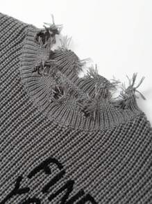 Manfinity Homme Suéter De Talla Grande Para Hombres Con Detalles Desgastados Y Estampado De Alfabeto - Gris Oscuro - Ver 8