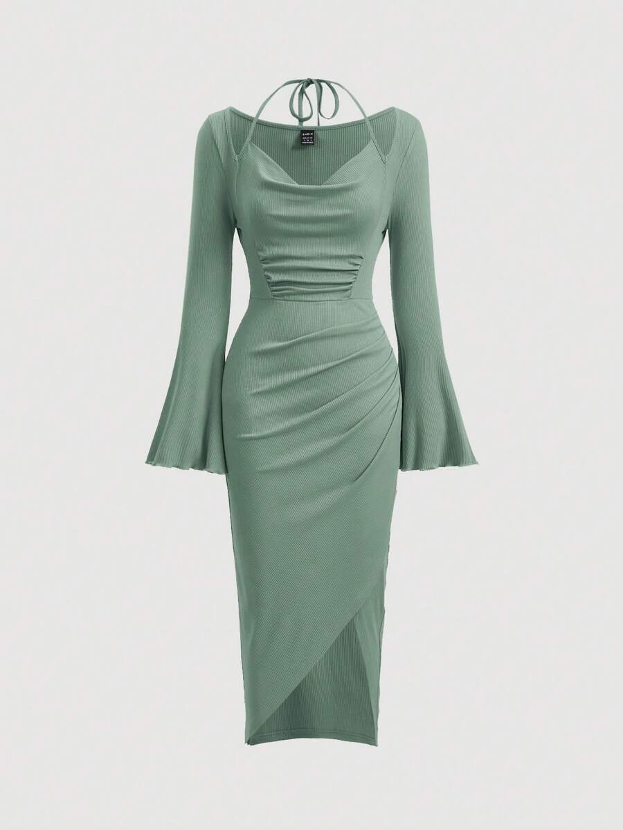SHEIN MOD Solid Color Asymmetric Hem Ruffle Sleeve Dress - Green - View 1