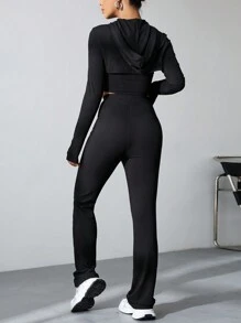 SHEIN Unity Ladies' Plain Three-Piece Set: Spaghetti Strap Top, Cropped Hoodie, And Long Pants - Black - View 2