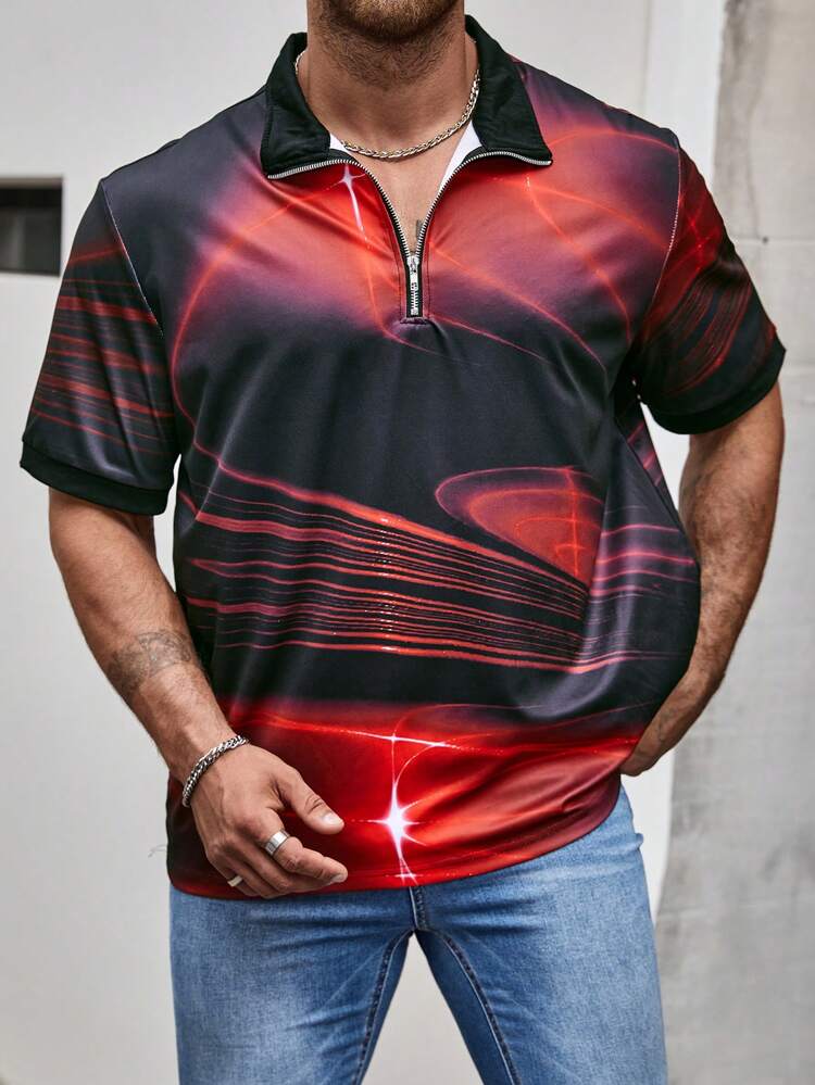 Men Plus Size Printed Zip Polo Shirt