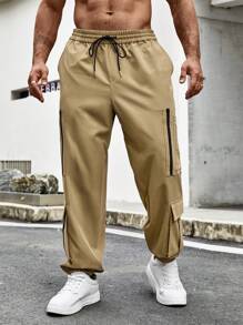 Manfinity Homme Loose-Fit Men's Plus Size Elastic Waist Drawstring Jogger Pants With Pockets - Khaki - View 4