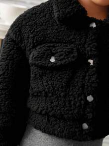 SHEIN Young Girl Everyday Casual Winter Button Up Fleece Jacket - Black - View 4