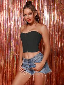 Modphy Sexy Black Strapless Off Shoulder Sleeveless Tight Crop Top - Black - View 4