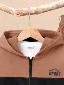 SHEIN Conjunto De 2 Piezas Para Niño/a: Sudadera Casual Con Capucha Y Bloques De Color Con Pantalón De Color Sólido - Caqui - Ver 6