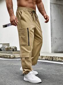 Manfinity Homme Loose-Fit Men's Plus Size Elastic Waist Drawstring Jogger Pants With Pockets - Khaki - View 3