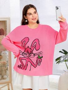 SHEIN EZwear Damen Pullover Mit Cartoon Häschen Muster In Plus Größe - Pink - Übersicht 3