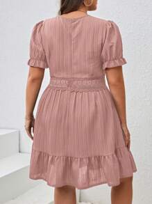 SHEIN VCAY Plus Size Lace Patchwork Puff Sleeve Summer Dress - Pink - View 2