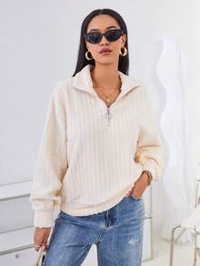 Aveloria Cable-knit Half-zip Long Sleeve Sweatshirt - Beige - View 3