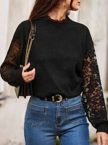 SHEIN Frenchy Của phụ nữ Vá lại Ren Tay áo dài Áo nỉ - màu đen - Xem 3