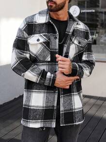 Manfinity Homme Manteau D'homme En Vrac Imprimé Écossais Avec Poches À Rabat - Multicolore - Voir 5