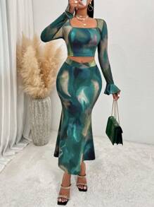 SHEIN Slayr 紮染方領荷葉袖短款上衣&高衩魚尾短裙