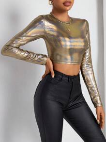 SHEIN Essnce Ladies' Metallic Texture Long Sleeve T-shirt - Brown - View 5