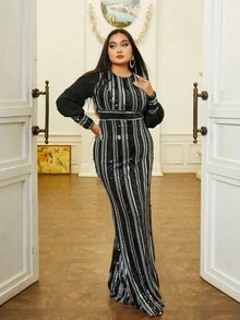 seomiscky 加大尺碼女士圓領長袖條紋連衣裙,帶有珠片細節和人魚裙擺 - 黑色 - 查看 8