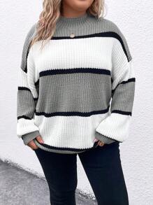 SHEIN LUNE Women's Plus Size Striped Colorblock Sweater, For Winter Knit Pullover Fall Outfit Autumn - Multicolor - View 3