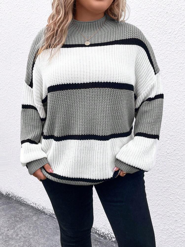 Women's Plus Size Striped Colorblock Sweater, For Winter Knit Pullover Fall Autumn