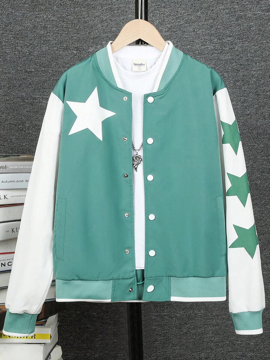 Teenagers' Long Sleeve Snap Button Jacket With Star Pattern - Olive Green - View 1