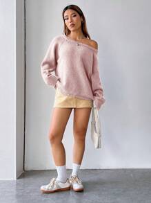 SHEIN EZwear Áo len tay raglan màu trơn họa tiết hoa anh đào mùa đông rộng rãi và thoải mái dành cho nữ - Hồng - Xem 3