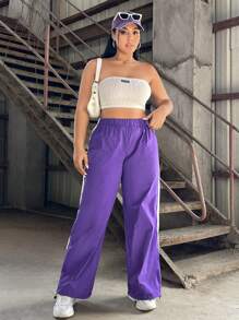 SHEIN EZwear Plus Size Purple Slimming Drawstring Leg Trousers - Purple - View 5