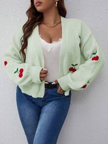 SHEIN Franclia Women's Plus Size Cherry Print Cardigan With Open Front - Mint Green - View 4
