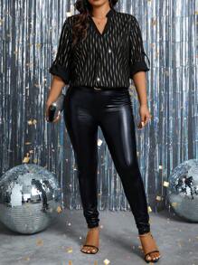 Celure 女式大尺碼金色條紋缺角領捲袖襯衫 - 黑色 - 查看 5