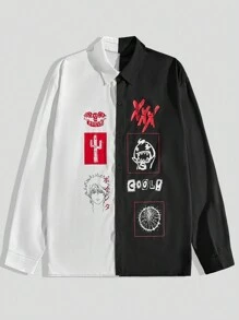 ROMWE MEN Anime Nam Khối màu In Đúng mốt Áo sơ mi - Đen và trắng - Xem 1