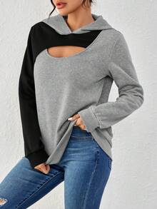 SHEIN Essnce 拼色空心連帽長袖運動衫 - 彩色 - 查看 4