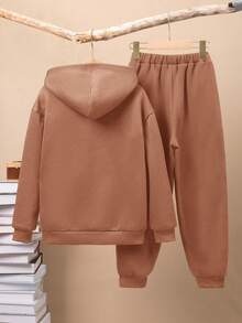 SHEIN Conjunto De 2 Piezas Para Niño/a: Sudadera Casual Con Capucha Y Bloques De Color Con Pantalón De Color Sólido - Caqui - Ver 2