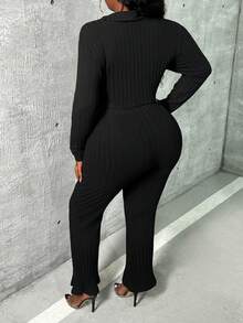 Slaydiva 女款大尺寸 V 領羅紋 T 卹搭配腰帶寬褲 2 件/套 - 黑色 - 查看 3