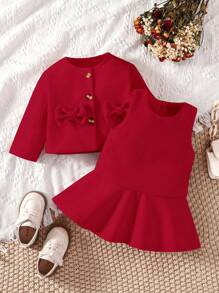 寶寶女孩蝴蝶結裝飾夾克和背心裙裝套裝 - 紅色 - 查看 1