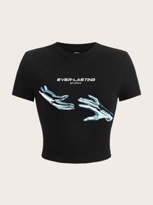 Tseoso 字母和手印图案圆领短袖短款修身女式 T 恤 - 黑色 - 查看 5