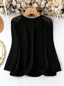 SHEIN LUNE Plus Size Women'S Lace Patchwork Raglan Sleeve Sweatshirt - Black - View 2